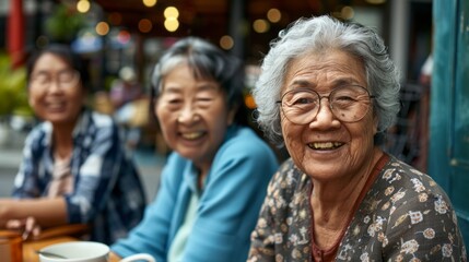 Three women are sitting at a table, smiling and laughing