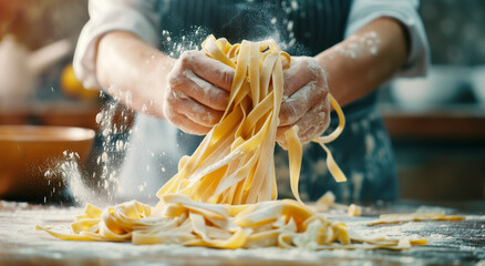 Freshly made pasta being tossed in flour by a chef. Generative AI.