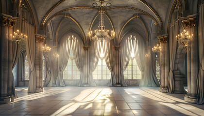 Obraz premium Ballroom interior, beautiful banquet hall in royal medieval castle with curtains, Empty room for ceremony and events