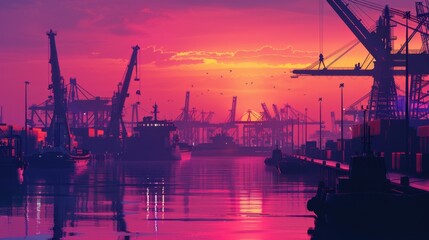 Obraz premium Industrial port at dusk, vibrant colors, silhouettes of cranes and ships, calm water