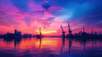 Industrial port at dusk, vibrant colors, silhouettes of cranes and ships, calm water