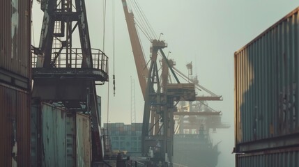 Close-up of cranes in industrial port, containers in background, gritty industrial atmosphere