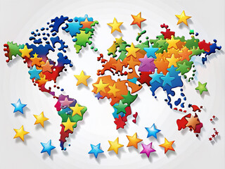 Obraz premium Global business appreciation concept: colorful world map with puzzle pieces, stars, and confetti, symbolizing recognition of employees' hard work and dedication worldwide.