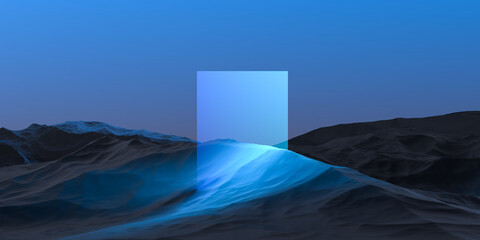 Fantastic mountain night landscape with glowing neon panel. Blue mountains and luminous element,abstract futuristic,wallpaper.3D render