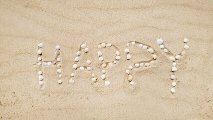 Seashells spelling 'Happy' on sandy beach, ideal for summer vacation, relaxation concepts, and beach holiday themes
