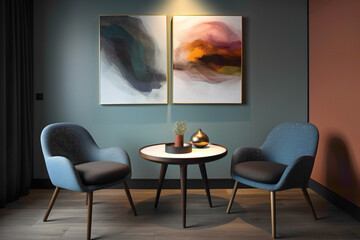 Retreat to a tranquil corner adorned with chrs of contrasting colors, encircling a central table, while an empty canvas on the wall provides a serene backdrop for peaceful moments of contemplation.