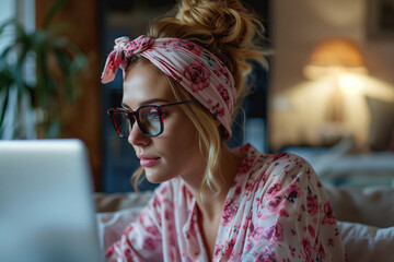 A Young Woman in Pajamas Works on Her Laptop in a Cozy Home Office