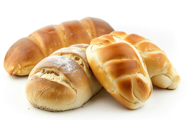 Freshly baked bread assortment on white background. Generative AI.