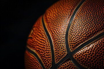 Closeup of a basketball with surface detail on dark background. Generative AI.