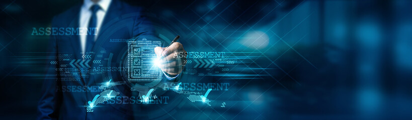 Businessman draw assessment outline of strategy and analyzing financial and statistical data....