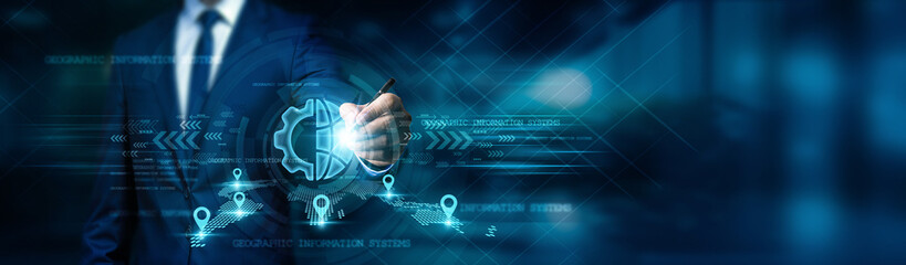 Businessman draw maps of data, resources, and infrastructure using geographic information systems...