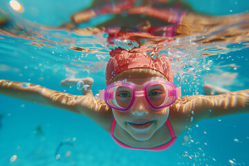 Fototapeta premium Three children swimming underwater with goggles in a pool on a sunny day. Generative AI.