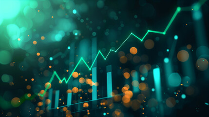 chart showing trending up, green arrow up, sunrise, dark blue and teal accents, business scaling up, glass effect, beautiful energy