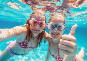 Three children swimming underwater with goggles in a pool on a sunny day. Generative AI.