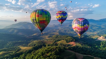 Fototapeta premium Colorful hot air balloons flying over a mountain at Doi Inthanon in Chiang Mai Thailand