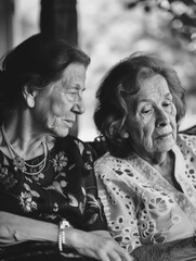 Obraz premium Two elderly ladies sitting together, black and white photo