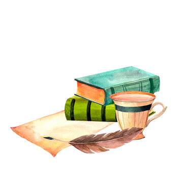 watercolor books, cup, feather, paper clip art preview