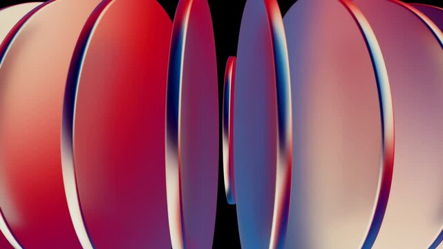 This abstract image showcases symmetrical layers of circular shapes in vibrant red and blue hues. The metallic texture and gradient effect add depth and dimension to the composition, creating a dynami