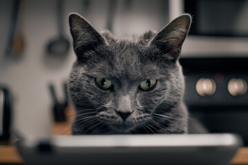 British cat watches the tablet screen with interest, concept of modern technology and pets