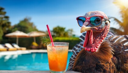 Funny animal portrait of a turkey in sunglasses sitting by a swimming pool on a vacation holiday with a cocktail relaxing before thanksgiving.