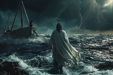 Jesus walking on water across the sea during a storm. Back view. Biblical theme. Religious concept.	