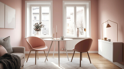 Retreat to a Nordic-inspired retreat with two chrs in soothing hues, a central table, and an empty canvas agnst a backdrop of pure pink, white, or yellow.