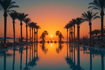 Obraz premium Sunset view of a tropical resort with palm trees and infinity pool offering a luxurious and peaceful experience