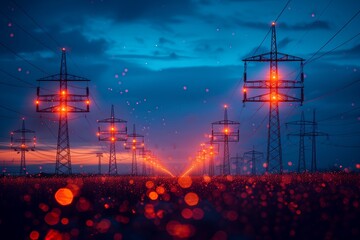 Obraz premium Illuminated Power Lines at Dusk With Red Bokeh