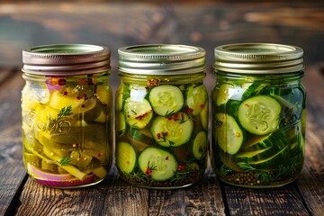 Homemade Pickles in Mason Jars on Rustic Wooden Table