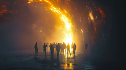 Group of People Walking Towards Bright Light in Dark Tunnel, Mysterious and Futuristic Setting at Dusk, Symbolizing Hope and New Beginnings, Modern Exploration Adventure Journey Concept