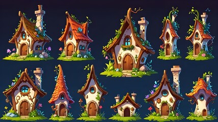 Obraz premium A charming collection of whimsical fairytale cabins and magical woodland elements, perfect for themed and game designs. Generative AI.