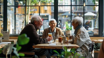 Three older people are sitting at a table in a restaurant, laughing