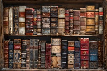Antique Bookshelf Filled with Vintage Leather-Bound Books