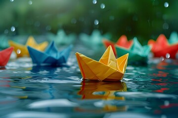 Fototapeta premium Colorful Origami Boats Floating in Rainy Water