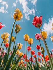 Fototapeta premium A beautiful field of tulips under a bright blue sky, perfect for use in images about nature, gardens, or springtime