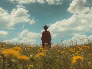 Fototapeta premium Woman in Red Dress Standing in Field of Yellow Flowers Under a Blue Sky