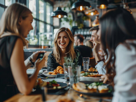 Friends Enjoying a Laugh Over Brunch at a Modern Restaurant