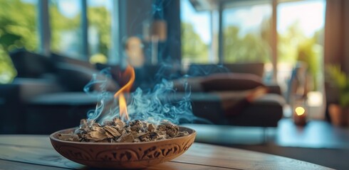 Burning Incense on Wooden Table in Modern Living Room With Sunlight Streaming in Through Window