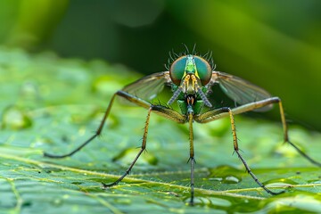 Fototapeta premium Close-Up of a Long-Legged Fly on a Leaf
