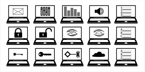 Notepad icons. Laptop. Security. The key. The level. Illustration.