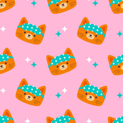 Seamless pattern with a red cat face wearing a sleep mask on a background of stars. Stylized cartoon drawing of a cute cat face. Eye mask, sleep accessory. Vector illustration in flat style
