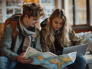 Young Couple Planning Travel With Map and Laptop