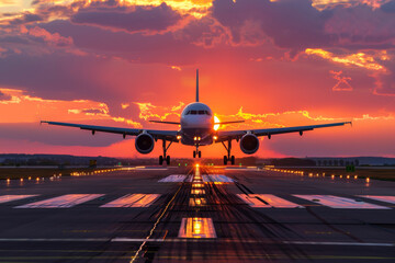 Airplane landing on runway during a stunning sunset, representing travel, adventure, and the beauty of aviation.