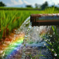Fototapeta premium cascading crystalclear water from weathered copper pipe lush green rice paddy in background droplets catching sunlight creating rainbow prism effect