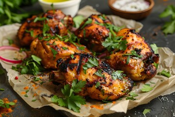 Grilled Chicken Drumsticks Garnished with Fresh Herbs