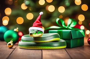 A vibrant green snake wearing a playful Santa hat, coiled beside a beautifully wrapped Christmas gift box. A festive bokeh effect with warm, golden lights, enhancing the holiday spirit.