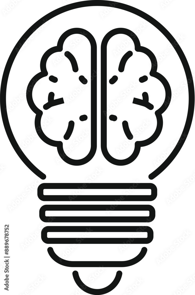 Poster line art illustration of a human brain inside a lightbulb representing the concept of a creative ide