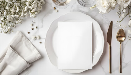 Table place setting blank menu card mockup or reserve in wedding invite and special event