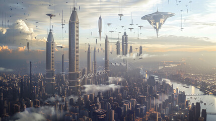 Naklejka premium Futuristic city with towering skyscrapers and flying cars
