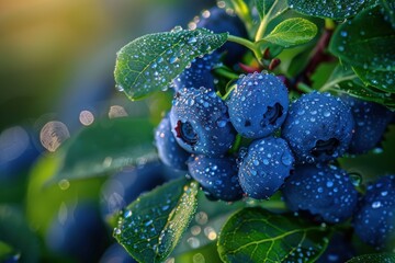 A close-up macro shot of plump, dew-covered blueberries on a branch, set against a softly blurred background